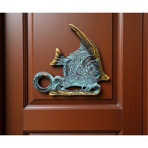 Vintage Solid Verdigris Brass Angelfish Doorbell Button Accent, NEW